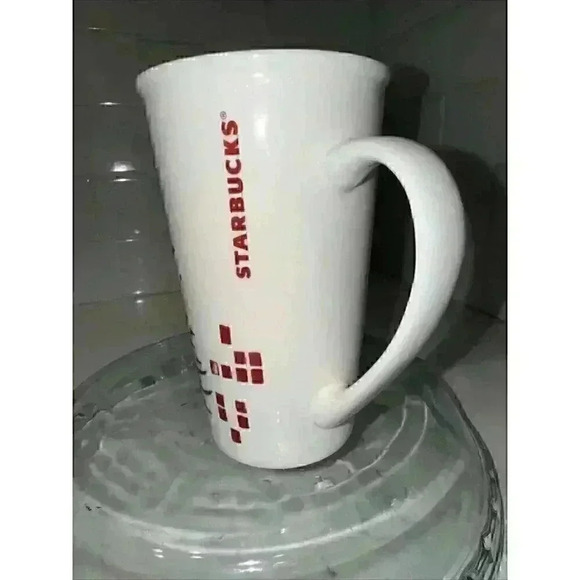 Starbucks 2014 Tall White Mug w/ Red Pine Tree Block Graphics 17.8 oz Preowned - Picture 2 of 11